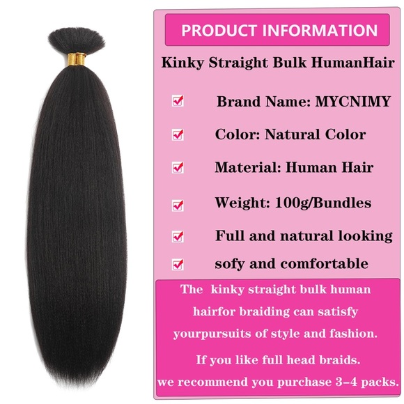HUMAN HAIR 100g Kinky Straight Bulk Human Hair Unprocessed Brazilian No Weft 22” - Picture 3 of 16